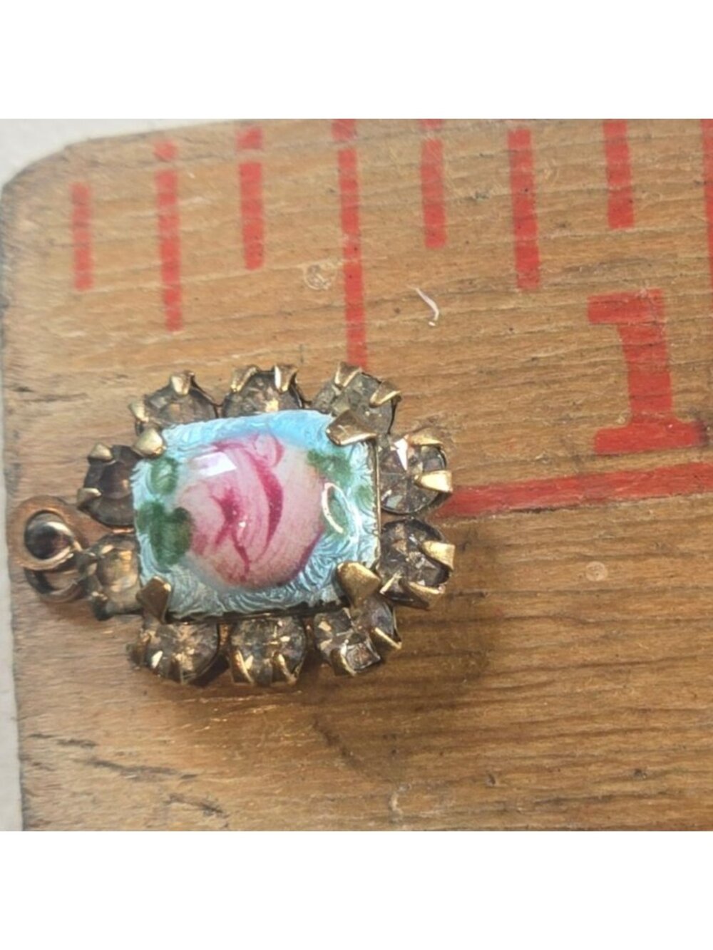 Vintage Guilloche Enamel Pink Rose Pendant Rhinestone Charm Art Deco Style READ - Picture 6 of 8